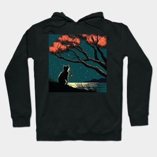 Black Cat Sitting by a Lake on a Starry Night Hoodie